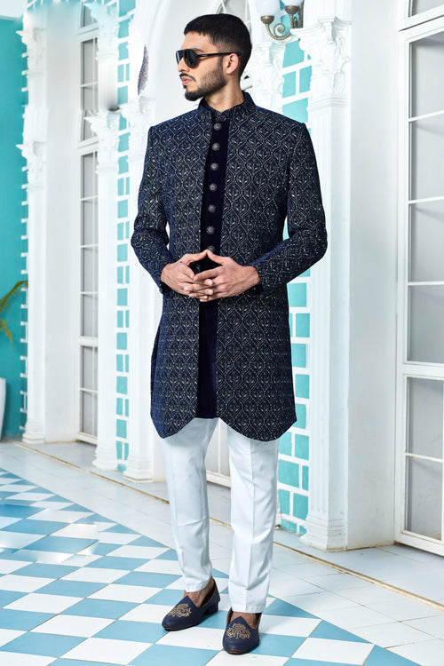Navy Blue Embroidered Jacket Style Indo-western Set For mens