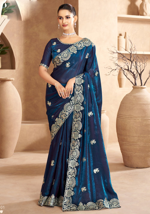 Royal Blue Designer Party Wear Satin Embroidery Saree