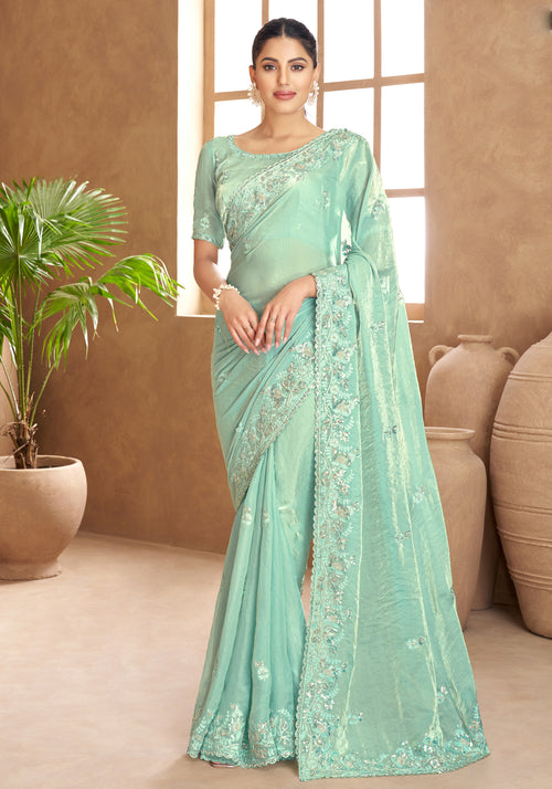 Mint Blue Tissue Embroidered Ceremonial Traditional Saree