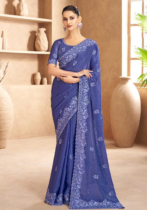 Indigo Blue Tissue Embroidered Fancy Satin Silk Saree