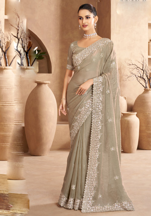 Grey Beige Tissue Embroidered Fancy Satin Saree