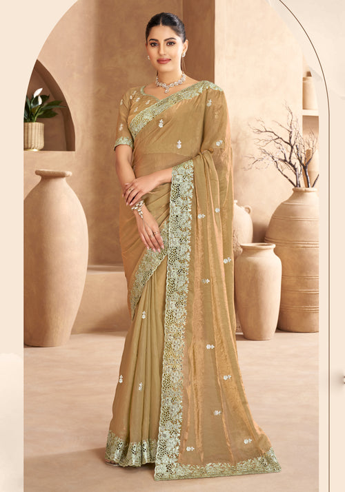 Khaki Satin Cut, Embroidered, Sequins, Stone and Zari Work Trendy Saree
