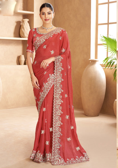 Coral Red Designer Embroidered Satin Silk Saree