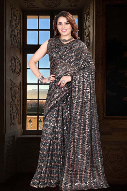 Midnight Black Ready Pleated Saree Embellished In Sequins With A Strappy  Crop Top