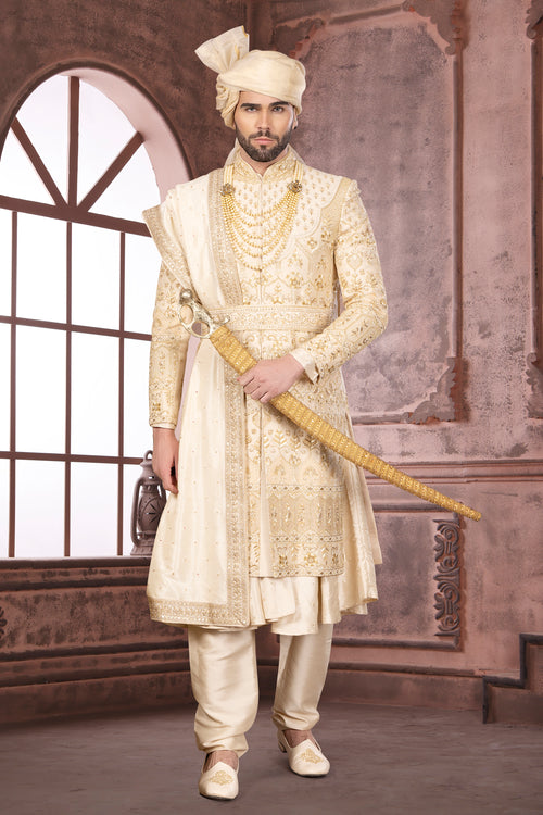 Golden Heavy Embroidered Groom Anarkali Style Sherwani Set For Men