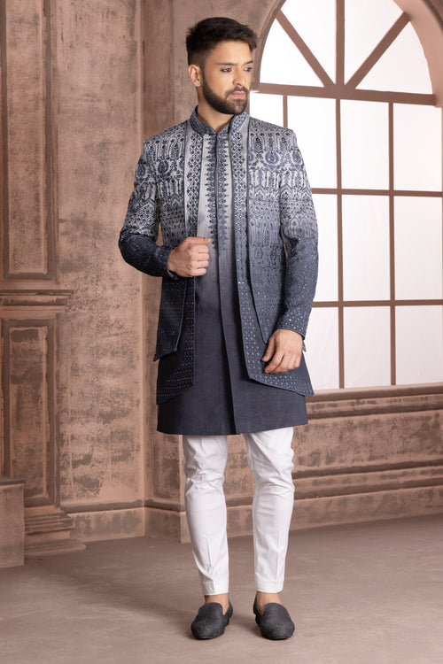 Grey Hand Embroidered Indowestern Jacket Set With Pants for wedding Men