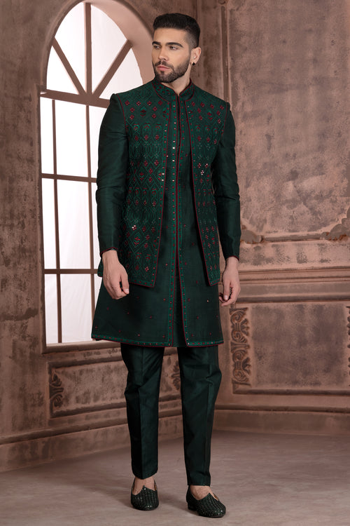 Forest Green Jacket Style Embroidered Indowestern Set For Men