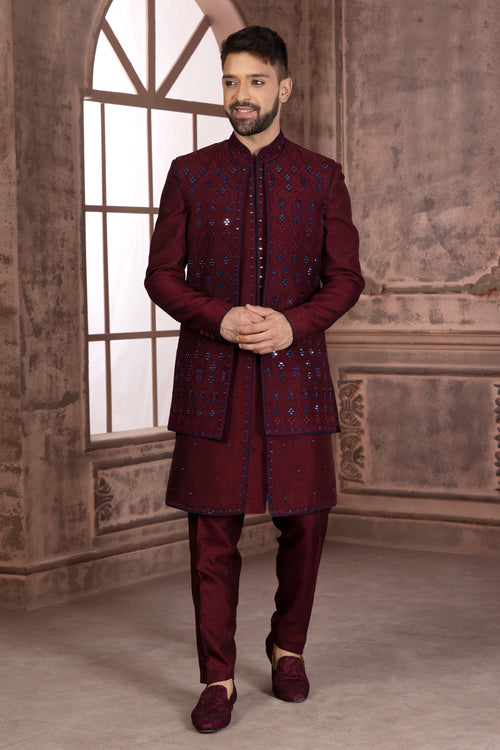 Dark Maroon Jacket Style Embroidered Indowestern Set For Men