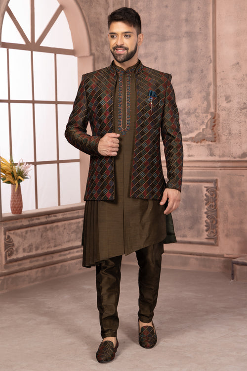 Mehandi Green Designer Jacket Style Indowestern In Raw Silk For Men
