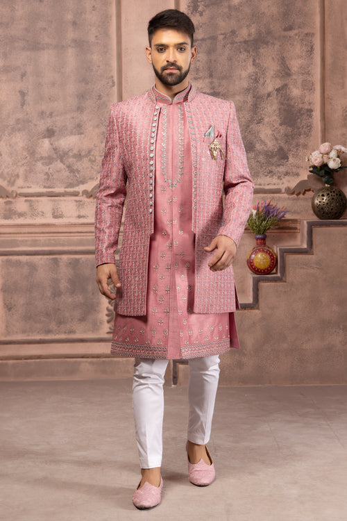 Light Pink Embroidered Jacket Style Indowestern Set