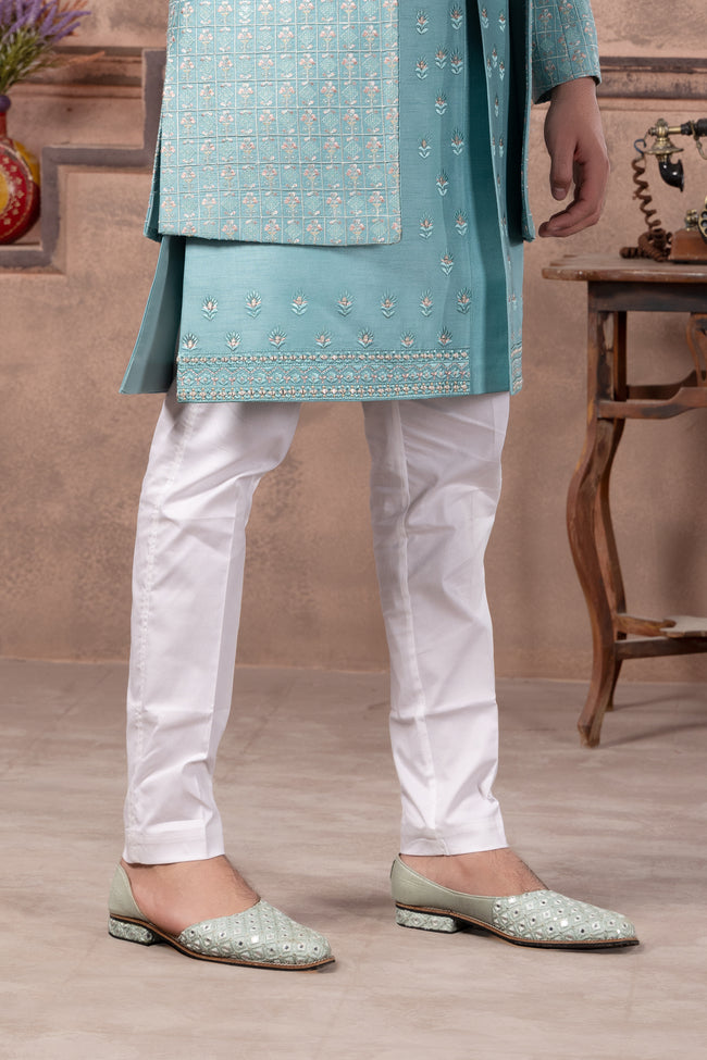 Aqua Blue Embroidered Jacket Style Indowestern Set