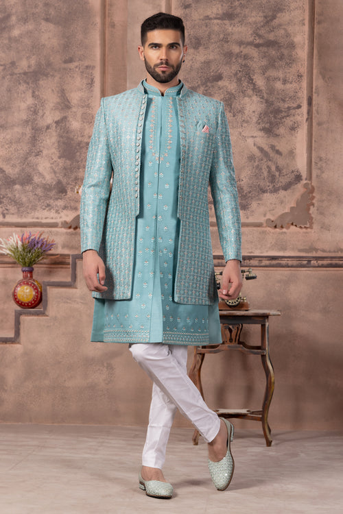 Aqua Blue Embroidered Jacket Style Indowestern Set