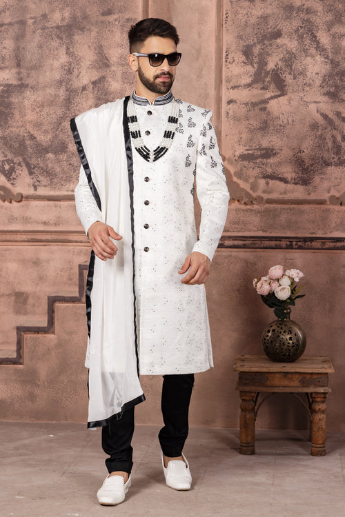 White With Black Groom Embroidered Sherwani In Silk For Men