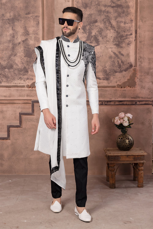 White And Black Embroidered Designer Sherwani For Men