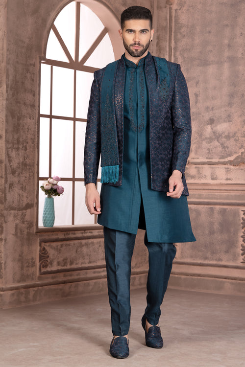 Teal Blue Thread Embroidered Jacket Style Indowestern Set In Silk For Men