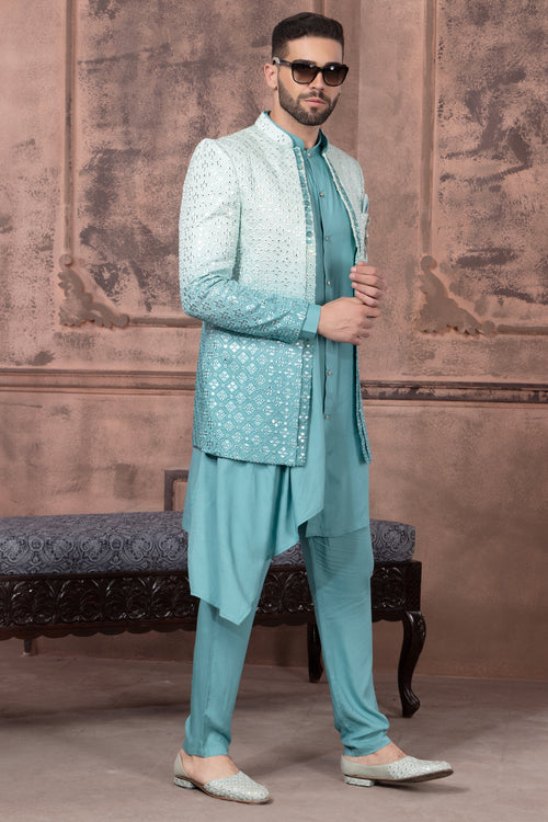 Sea Green Shaded Color Men Indowestern In Art Silk Fabric For Men