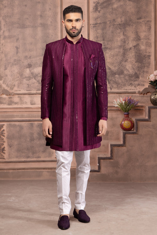 Maroon Mirror And Thread Embroidered Indowestern Set In Silk