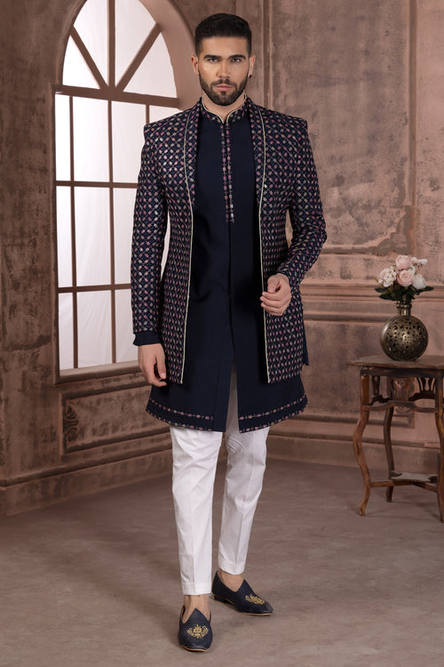 Black Readymade Nehru Jacket Set In Art Silk For Men