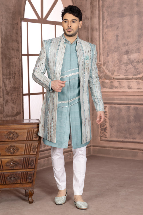 Sky Blue Mens Embroidered Jacket Style Indowestern For Men