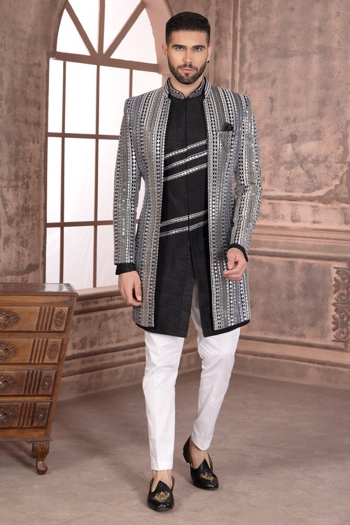 Black Mens Embroidered Jacket Style Indowestern For Men
