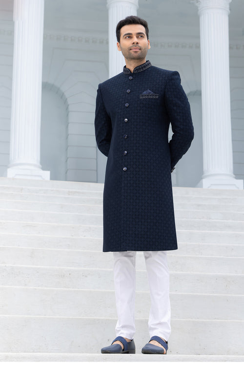Navy Blue Printed Indowestern Set For Mens