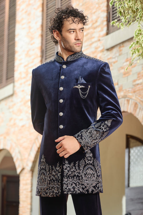 Navy Velvet Indo Western Suit with Cutdana Work For Mens