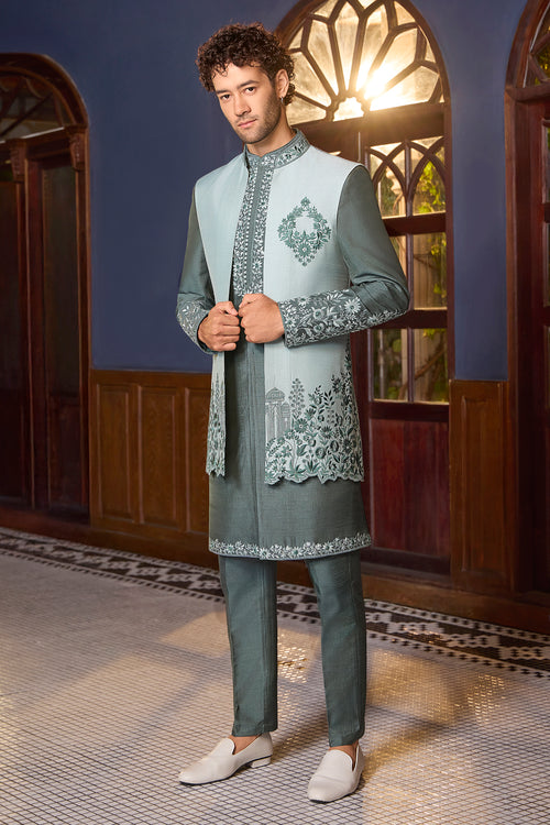 Designer Green Art Silk Embroidered Indo Western Jacket for Men