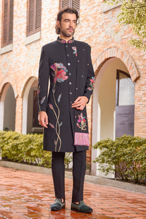 Black art silk stone work indo western with dupatta For Men