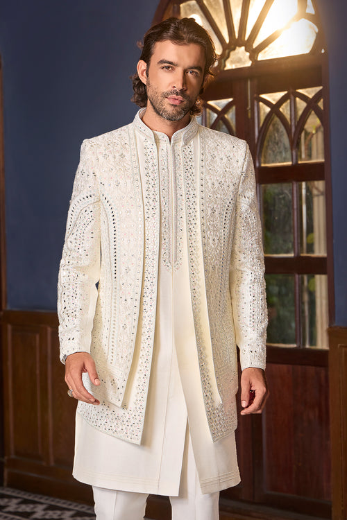 Ivory Silk Indo-Western with Mirror Work & Fine Embroidery For Men