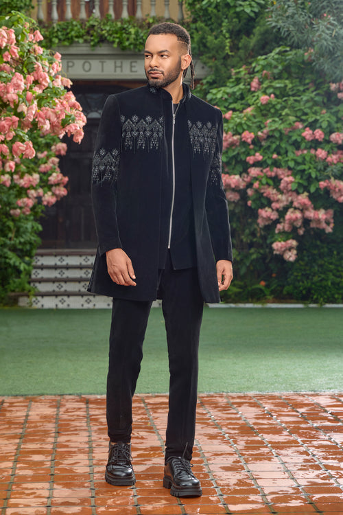 Black velvet zipper indo western Ensemble For Men