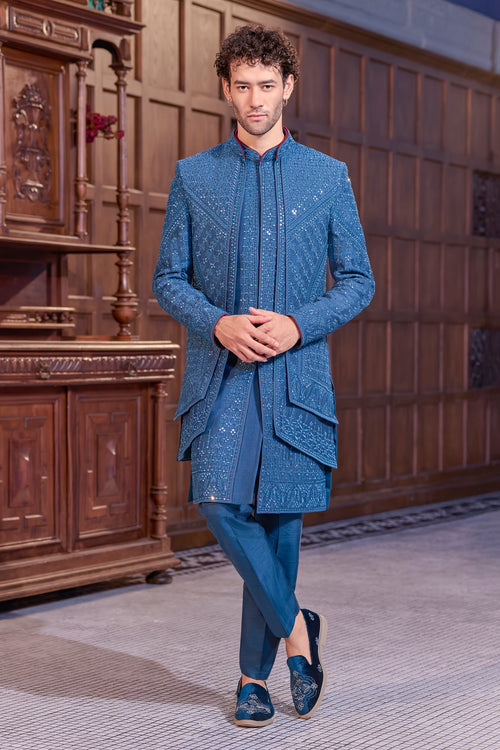 Elegant Blue Silk Indo-Western Embroidery & Moti Work For Men