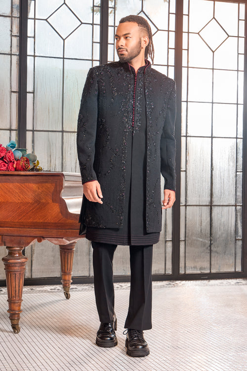 Black art silk beaded stone work indo western jacket For Men