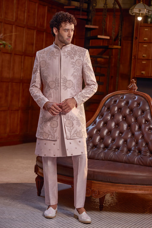 Onion Pink Art Silk Resham Work Indo Western Jacket For Men