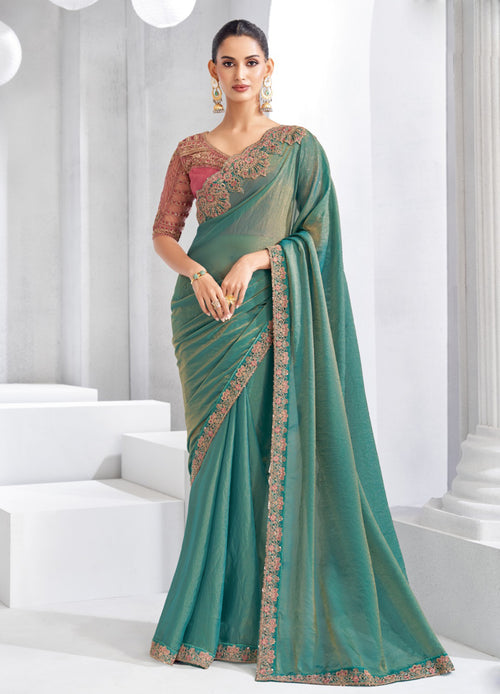 Teal Mint Moss chiffon Saree with Embroidered Blouse