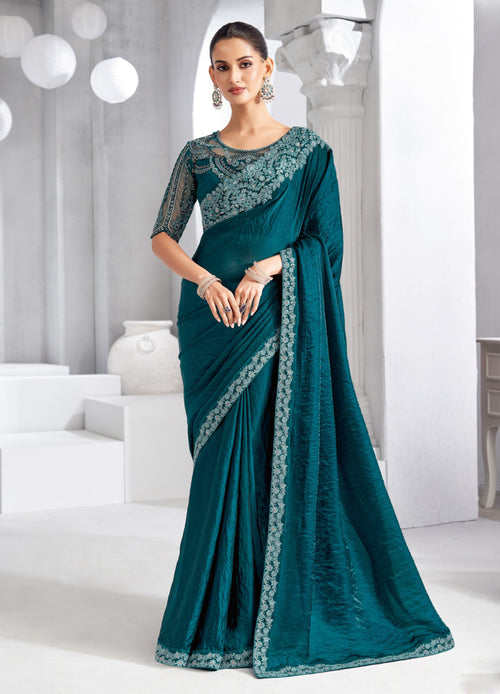 Teal Green Embroidered Shimmer Saree In Tissue