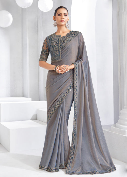 Grey Tissue Embroidered Saree with Sequins Work