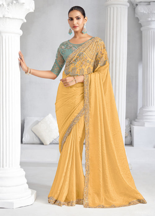 Golden Yellow Embroidered Saree With Blouse