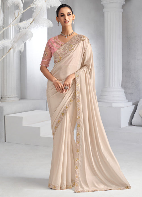 Off White Embroidered Trim Crepe Saree