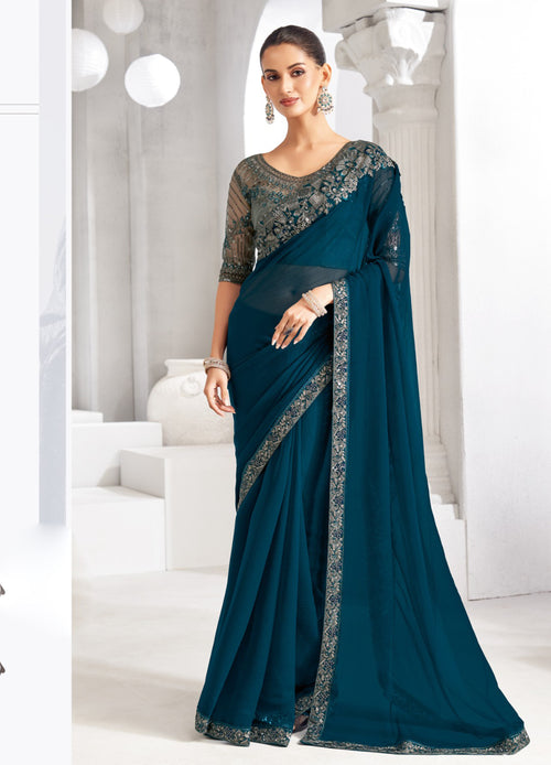 Teal Blue Trim Chiffon Saree with Embroidered Blouse