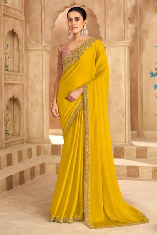 Yellow Satin Chiffon Saree with Pink Banglori Silk Work Blouse