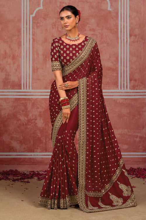 Maroon Silk Classic Sari with Sequins and Zari Work