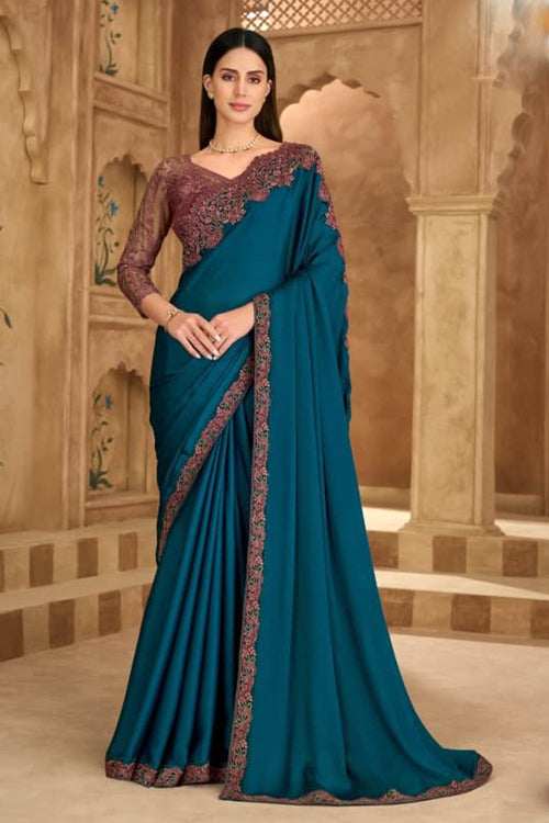 Teal Blue Satin Chiffon Saree with Brown Banglori Work Blouse