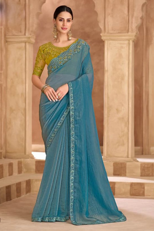 Sky Blue Georgette Saree with Shimmering Sequin and Thread Embroidery