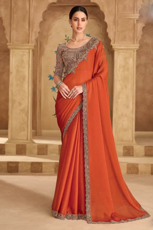 Rust Orange Satin Saree With Antique Embroidery