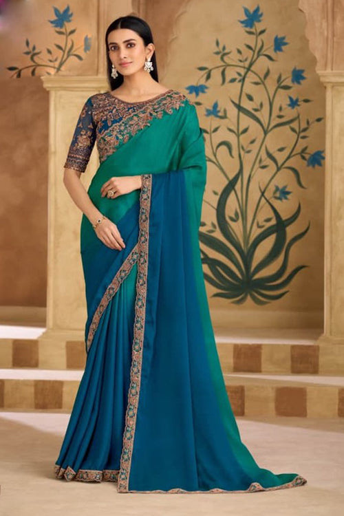 Party Perfect Morpich Green Chiffon Saree with Shimmering Sequin and Thread Embroidery