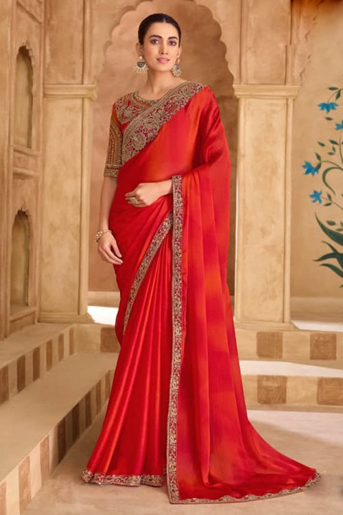 Red Festive Wear Lace Border Work Chiffon Designer Saree