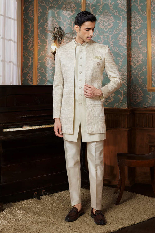 Cream Jacket Indowestern Embroidery Set With For Mens