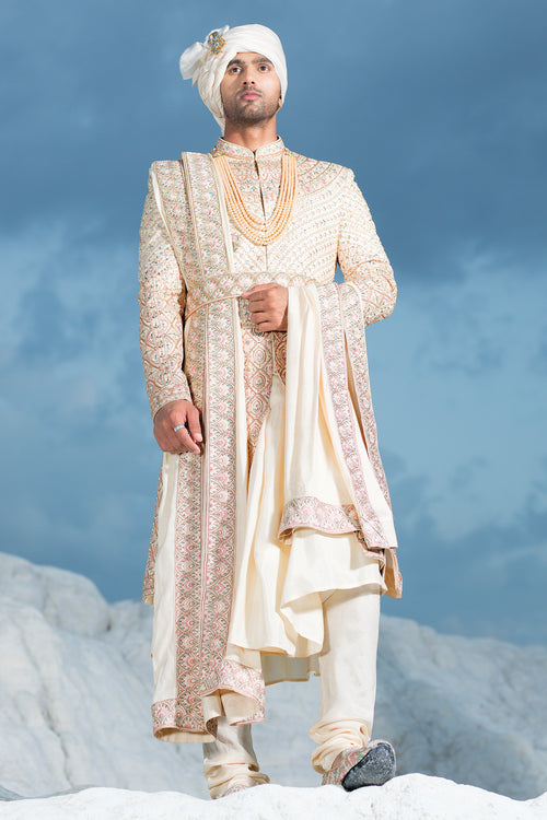 Cream Anarkali Style Embroidered Sherwani For Wedding