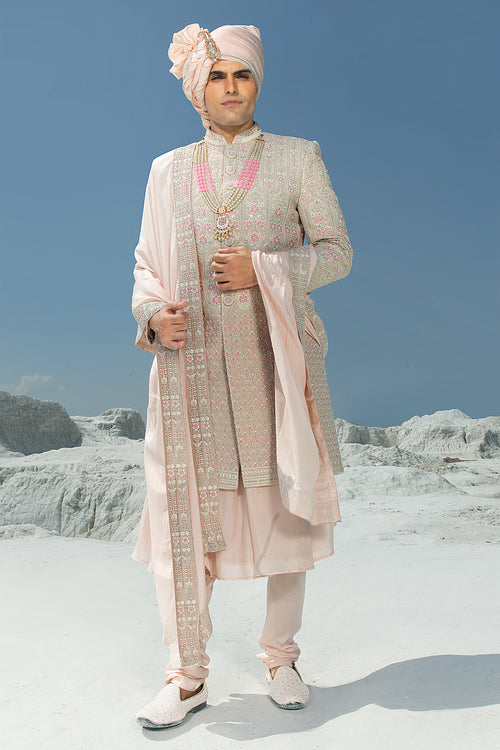 Peach Cream Designer Silk Sherwani In Embroidery For Men