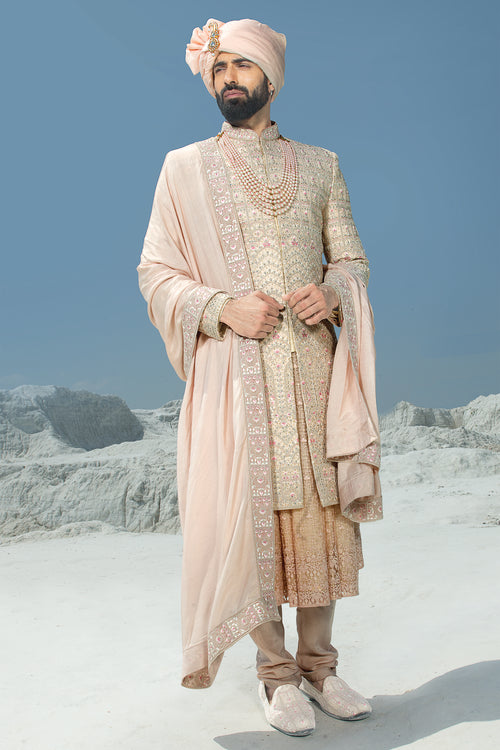Golden Peach Attractive Groom Embroidered Sherwani For Men